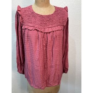 L Love Ruffle‎ Smocked Blouse Tie Back Long Sleeve Mauve Pink Women Small NWT